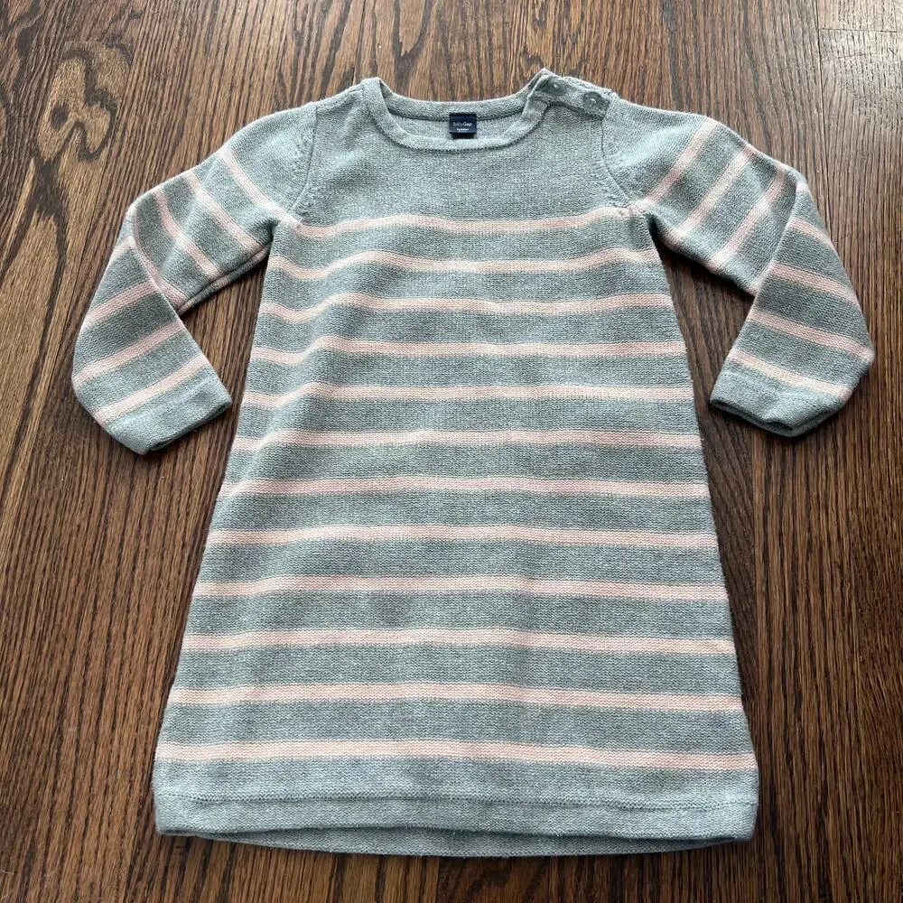 Gap Girl's Gray & Pale Pink Stripe Warm Cozy Thick 100% CottonSweater Dress - 4